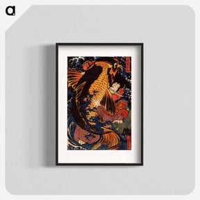 アートポスター-Saito Oniwakamaru the young Benkei fights the giant carp at the Bishimon waterfall - 歌川 国芳 Poster.