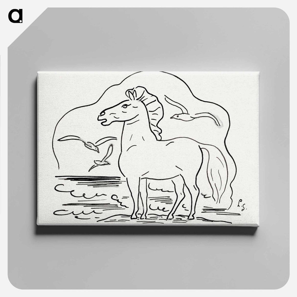 Horse in the surf with three seagulls - レオ ヘステル Canvas.