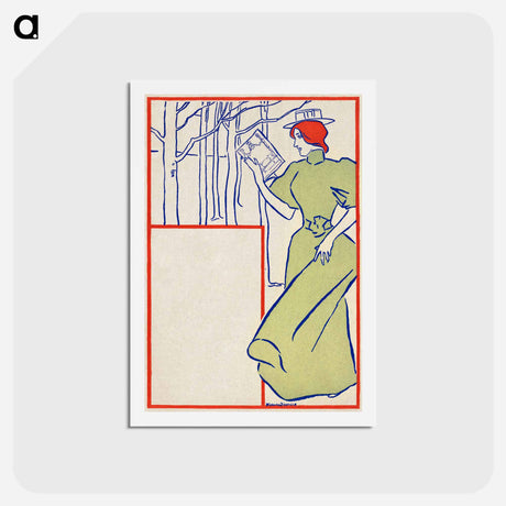 アートポストカード-Woman in green dress reading a book - エドワード ペンフィールド Postcard.