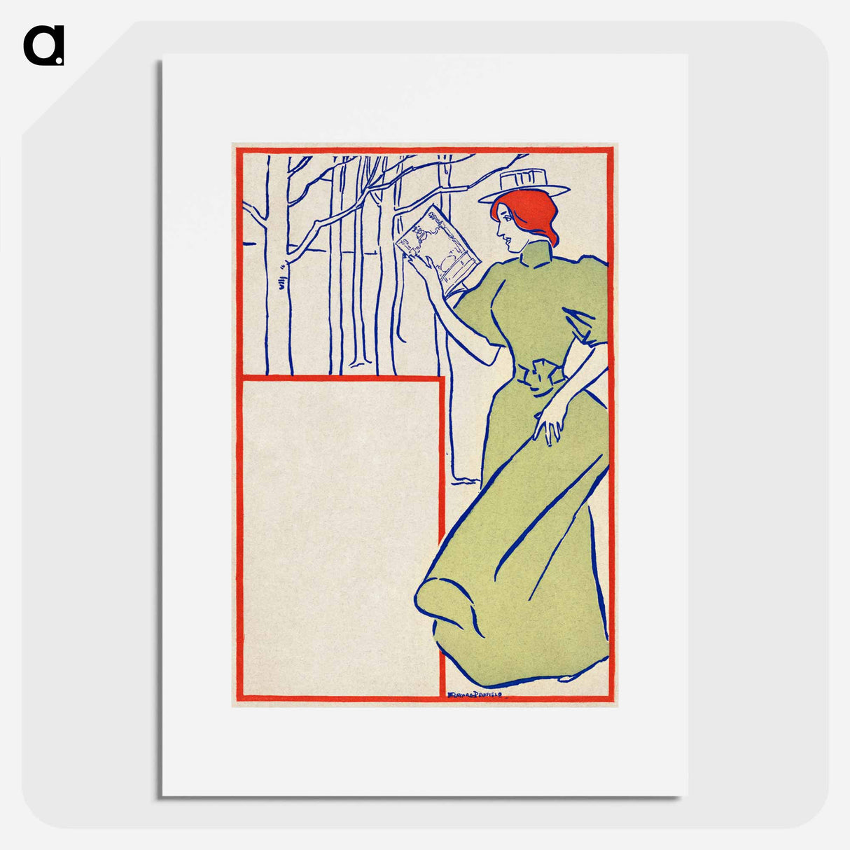 Woman in green dress reading a book - Edward Penfield Poster.