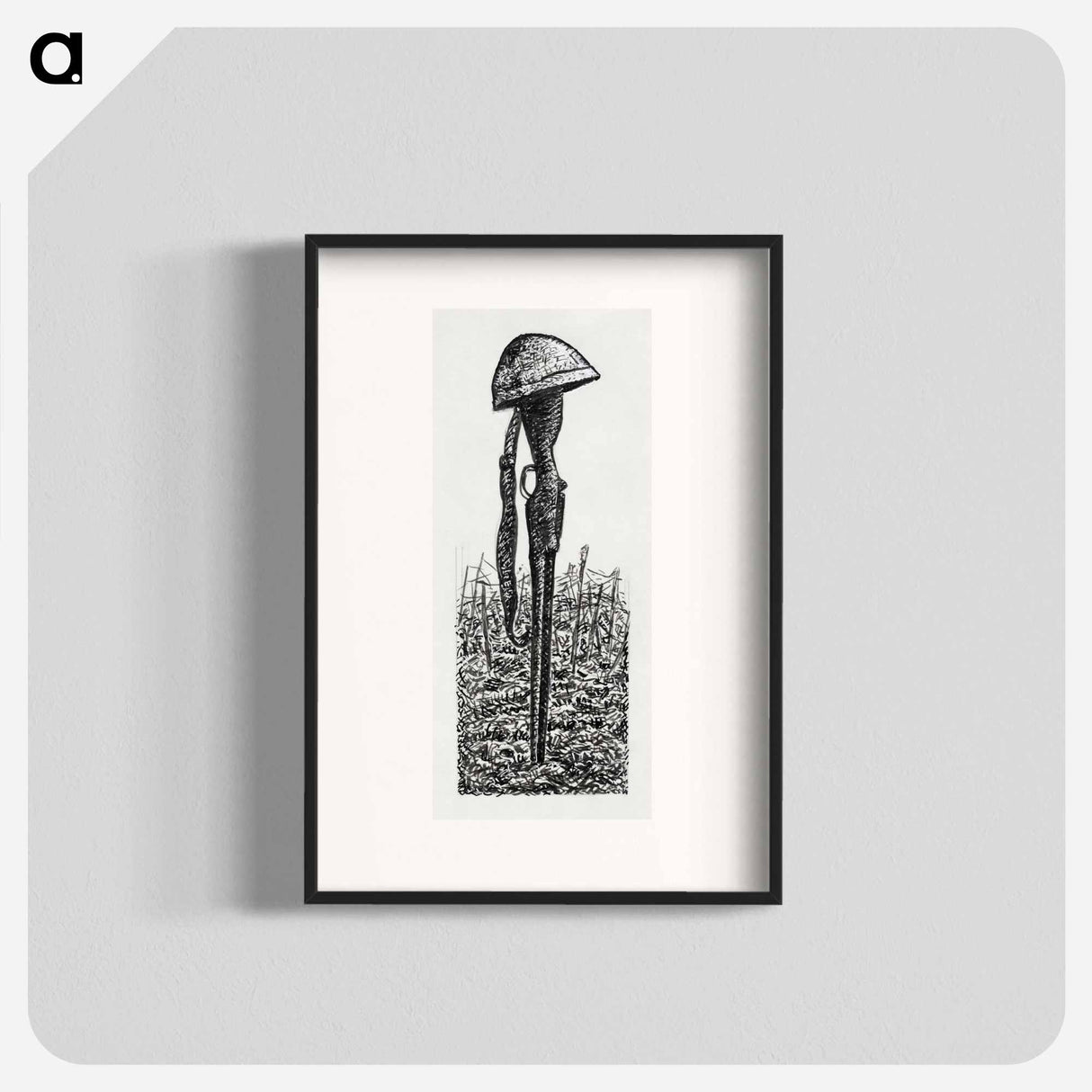 Rifle with a helmet on it in a field - Leo Gerstel Poster.