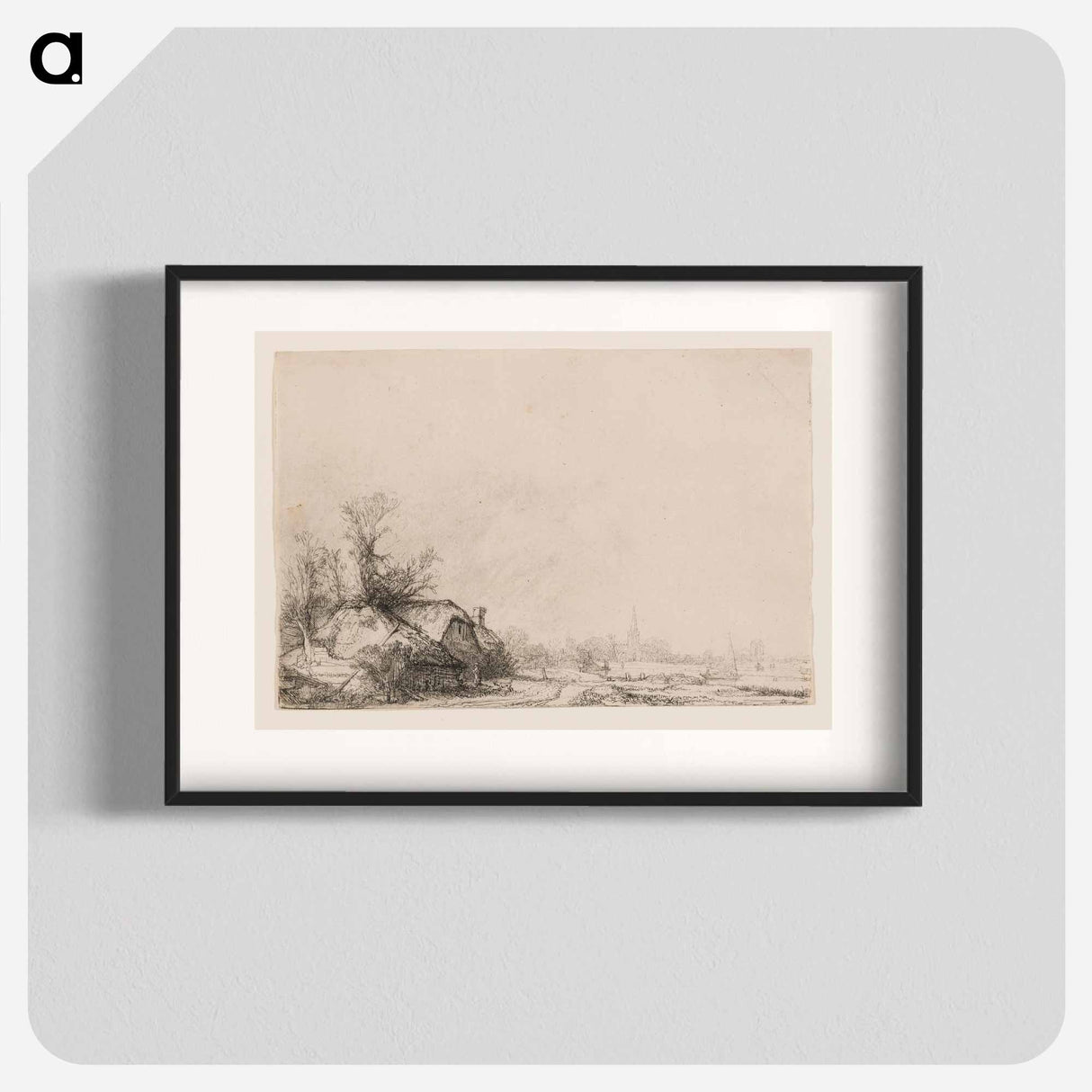 Cottages beside a Canal with a Church and Sailing Boat - Rembrandt van Rijn Poster.