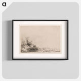 Cottages beside a Canal with a Church and Sailing Boat - Rembrandt van Rijn Poster.