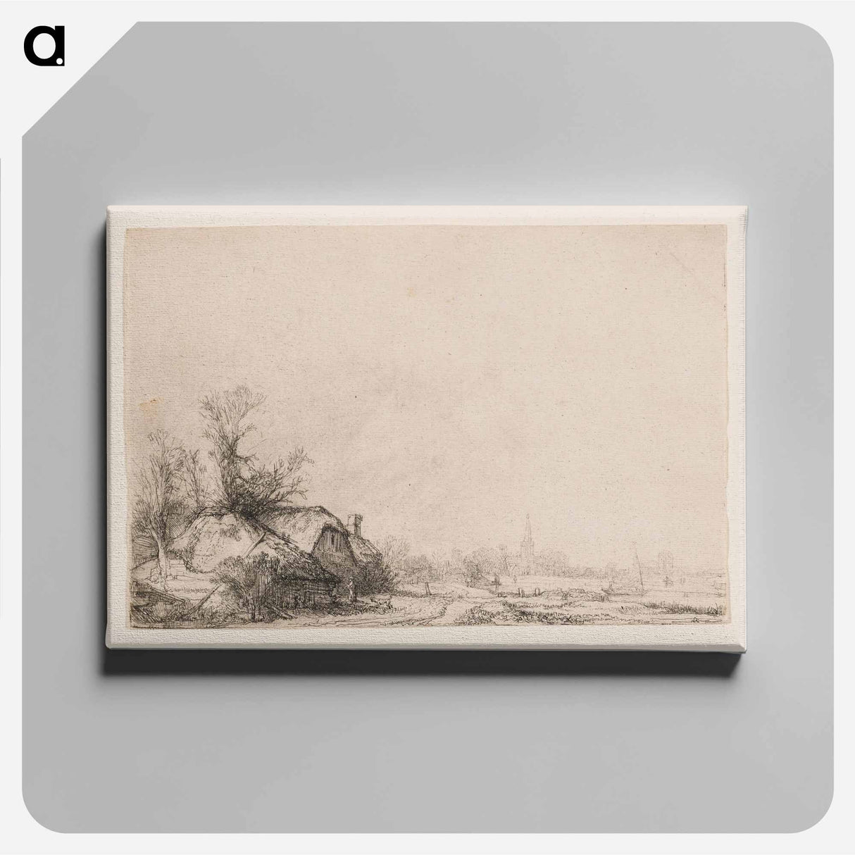 Cottages beside a Canal with a Church and Sailing Boat - Rembrandt van Rijn Canvas.