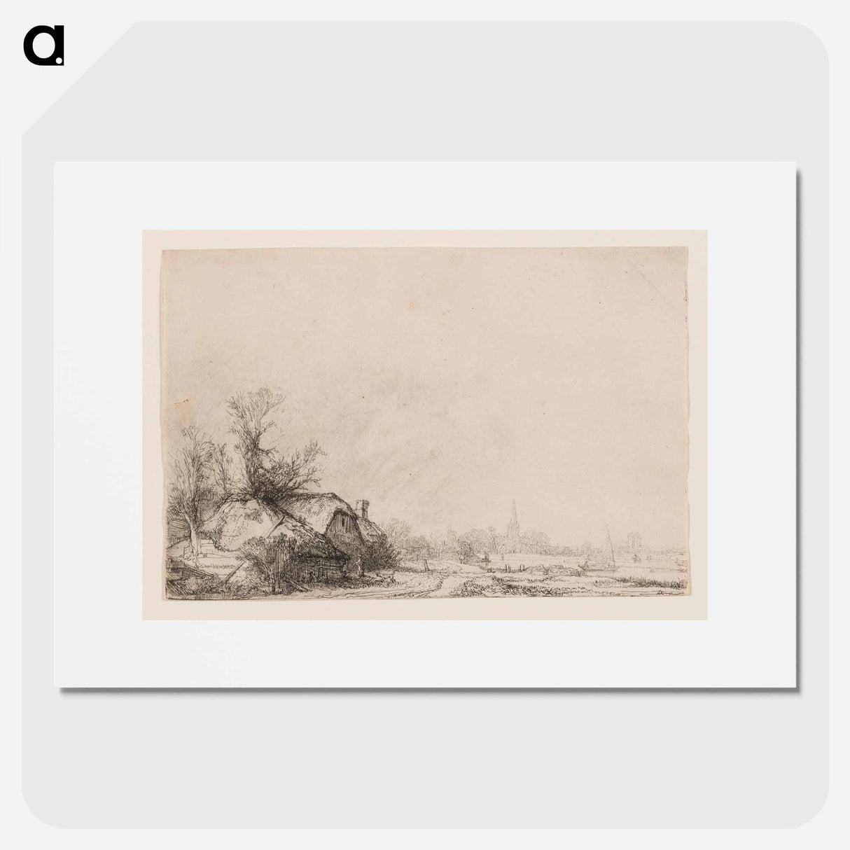 Cottages beside a Canal with a Church and Sailing Boat - Rembrandt van Rijn Poster.