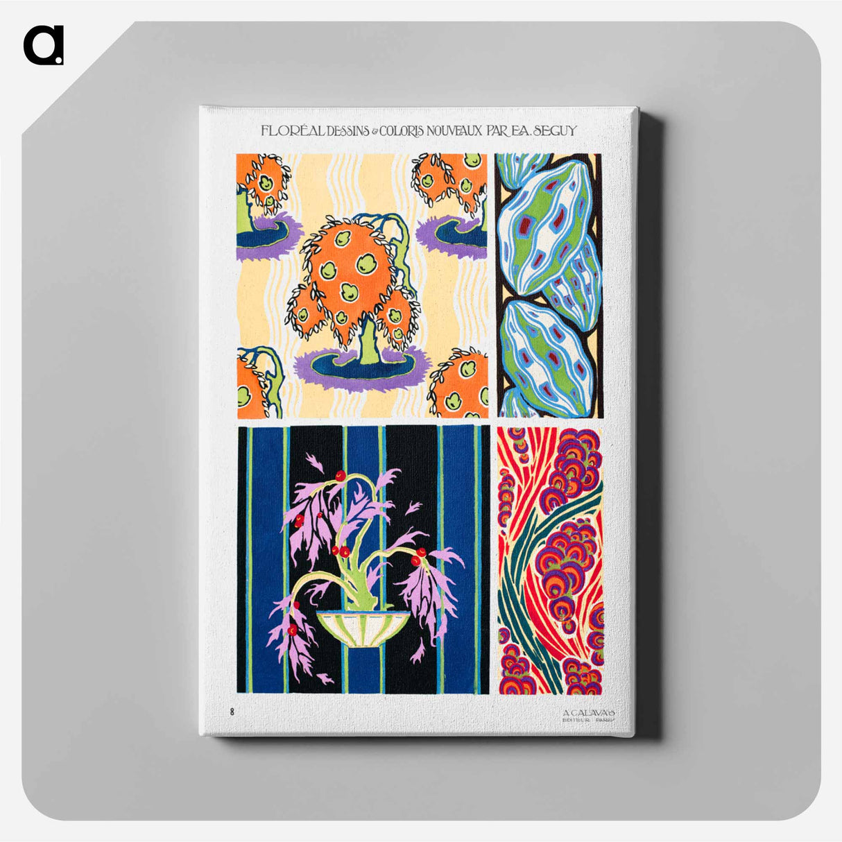 Botanical colorful background, vintage art deco & art nouveau background, plate no. 8.   from our own original edition of Floréal: dessins and coloris nouveaux - E.A.セギー Canvas.