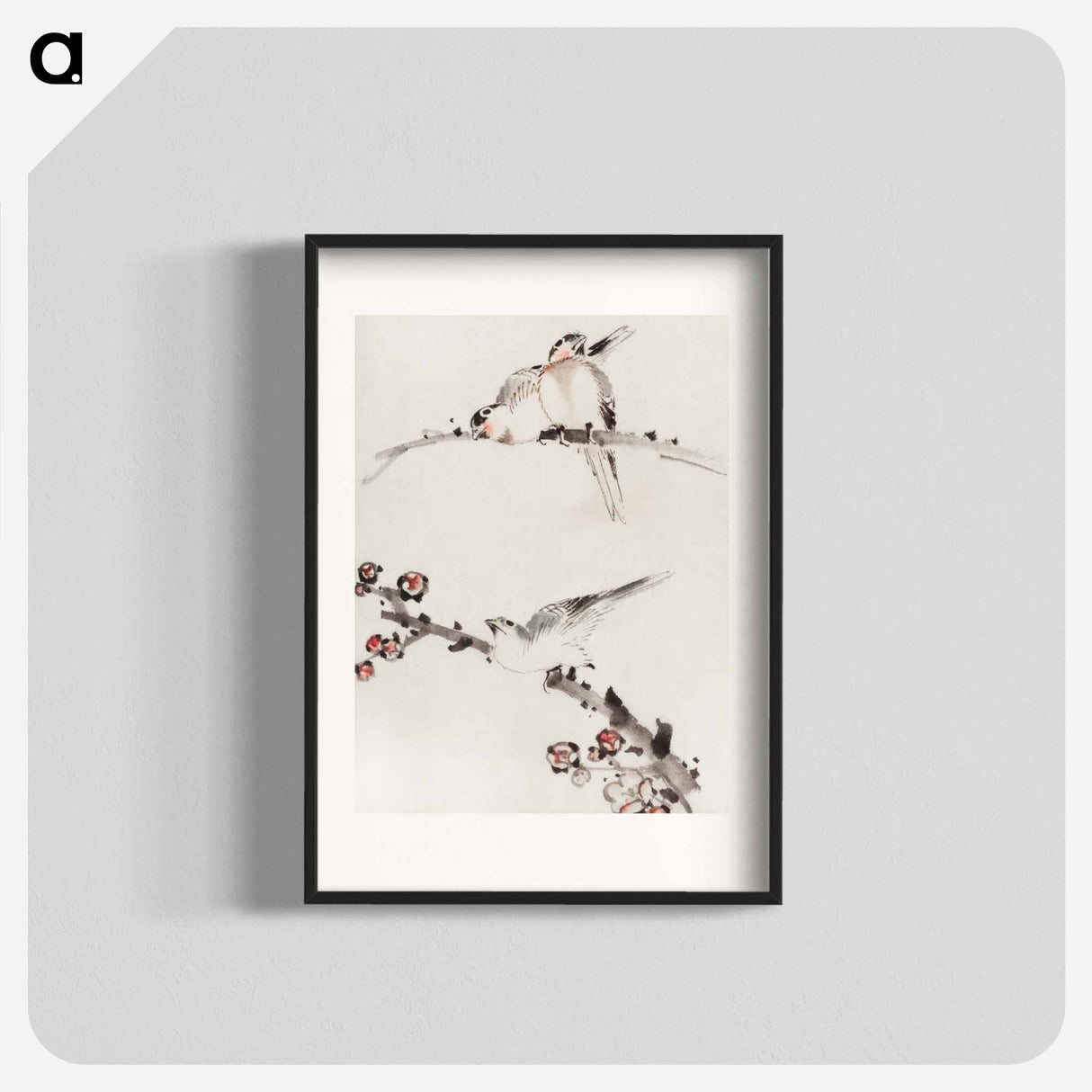 Three Birds Perched on Branches, One with Blossoms - 葛飾 北斎 Poster.