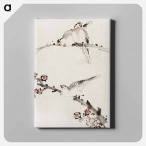 アートパネル-Three Birds Perched on Branches, One with Blossoms - 葛飾 北斎 Canvas.