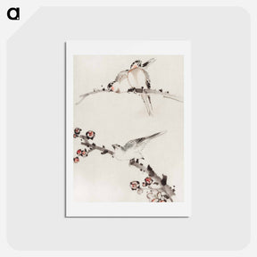 アートポストカード-Three Birds Perched on Branches, One with Blossoms - 葛飾 北斎 Postcard.