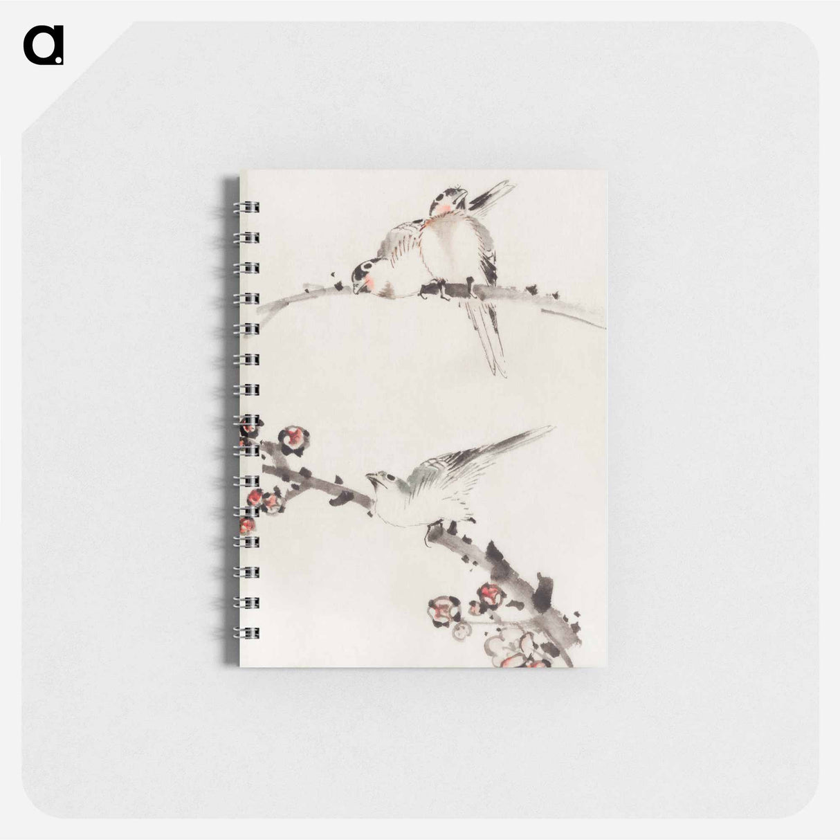 Three Birds Perched on Branches, One with Blossoms - 葛飾 北斎 Memo.