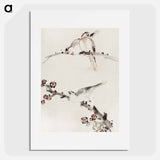 Three Birds Perched on Branches, One with Blossoms - 葛飾 北斎 Poster.