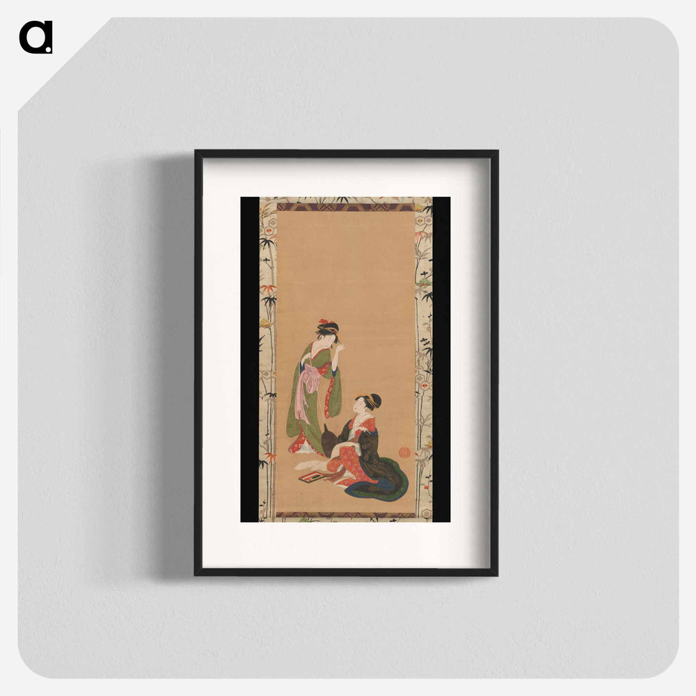 Courtesans Parodying Kanzan and Jittoku by Kinpūsha Toyomaro - 喜多川 歌麿 Poster.