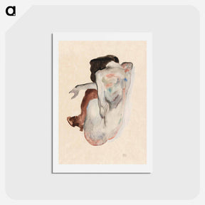 アートポストカード-Naked lady. Crouching Nude in Shoes and Black Stockings - エゴン シーレ Postcard.