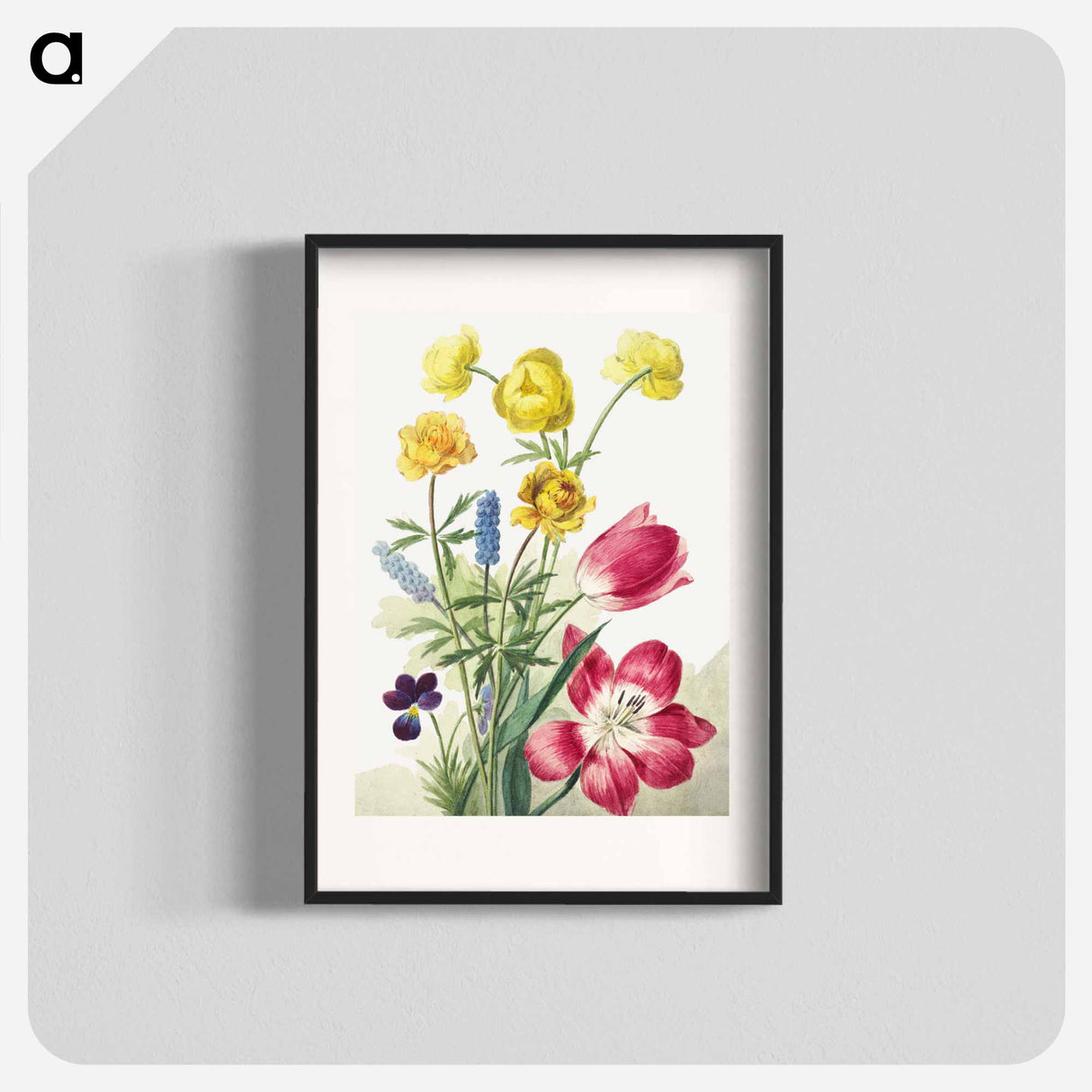 Boeket van tulpen, viooltjes, blauwe druifjes en dotters - ウィレム ヴァン リーン Poster.
