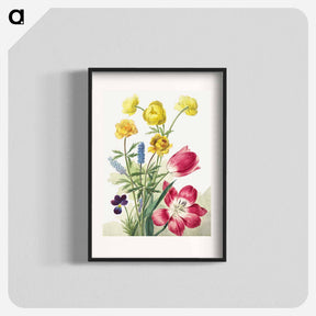 アートポスター-Boeket van tulpen, viooltjes, blauwe druifjes en dotters - ウィレム ヴァン リーン Poster.
