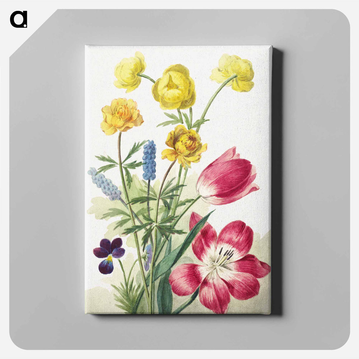 Boeket van tulpen, viooltjes, blauwe druifjes en dotters - ウィレム ヴァン リーン Canvas.