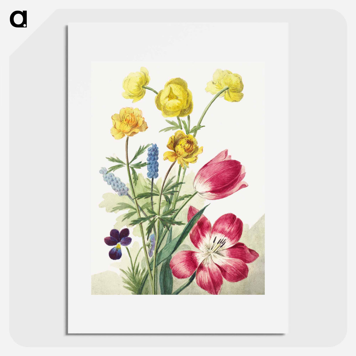 Boeket van tulpen, viooltjes, blauwe druifjes en dotters - ウィレム ヴァン リーン Poster.