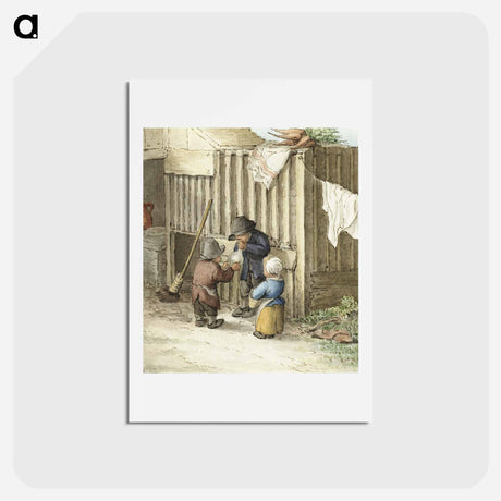 アートポストカード-Three children playing with a pig bladder - ジャン ベルナール Postcard.