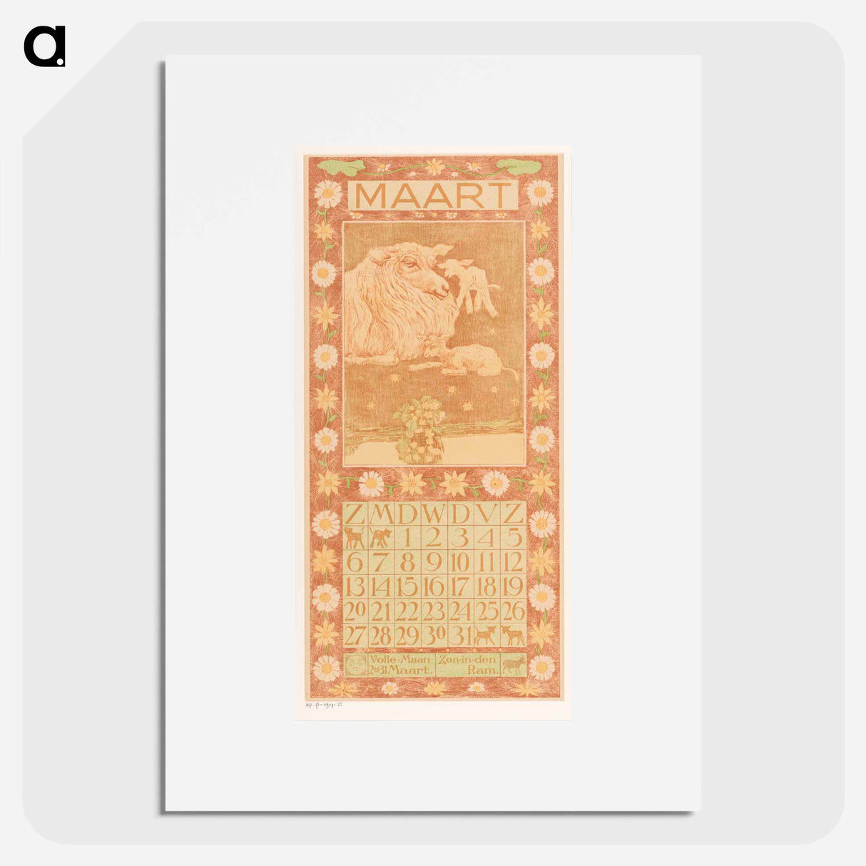Kalenderblad maart met schaap en lammeren - テオ ヴァン ホイテマ Poster.