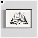 Three sailing ships and a seagull - Leo Gerstel Poster.