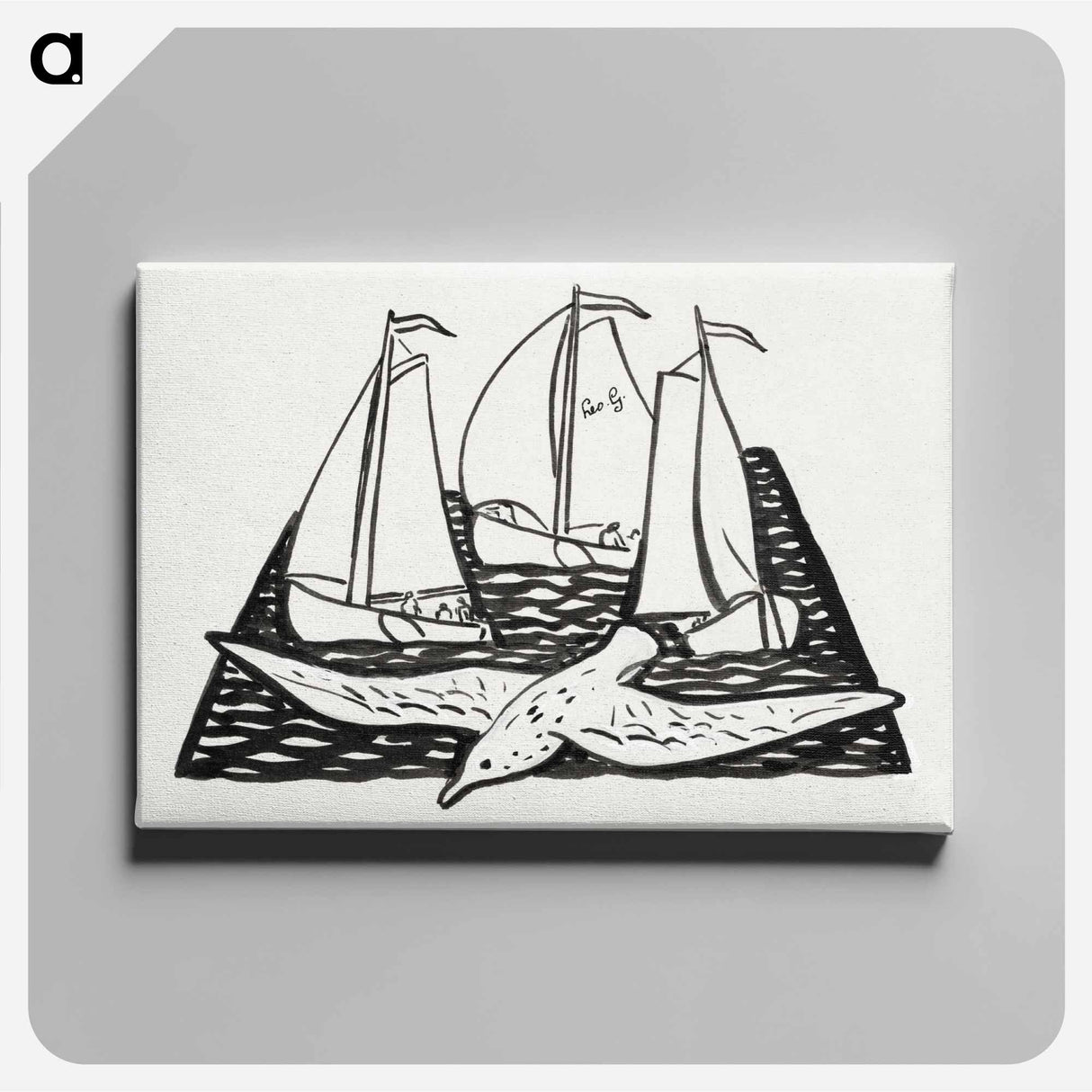 Three sailing ships and a seagull - レオ ヘステル Canvas.