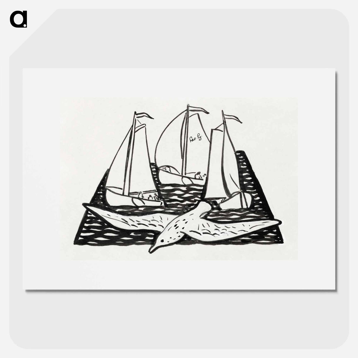 Three sailing ships and a seagull - Leo Gerstel Poster.