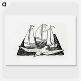 Three sailing ships and a seagull - Leo Gerstel Poster.