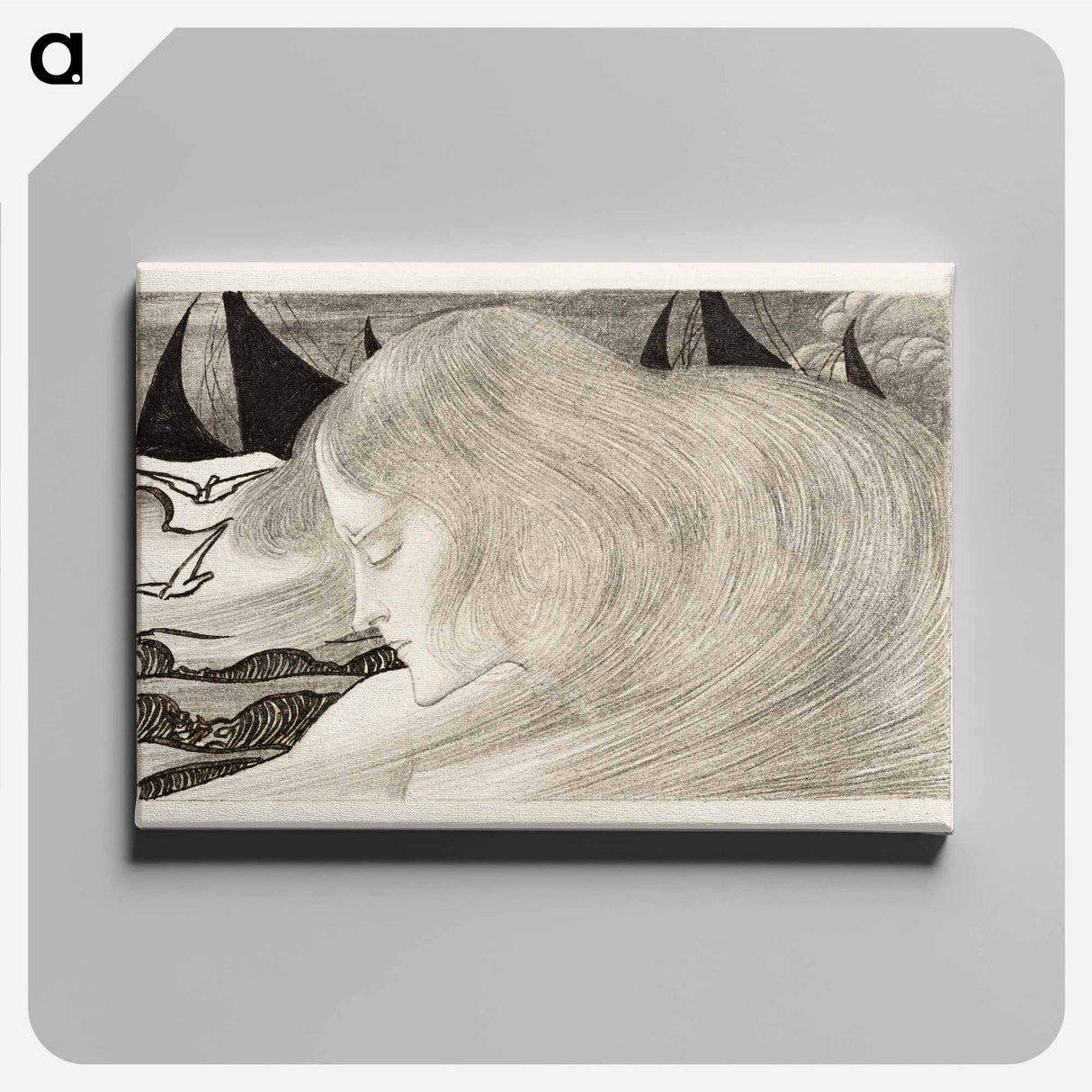 Young woman with wavy hair in front of a sea with ships by Jan Toorop - Jan Toorop Canvas.