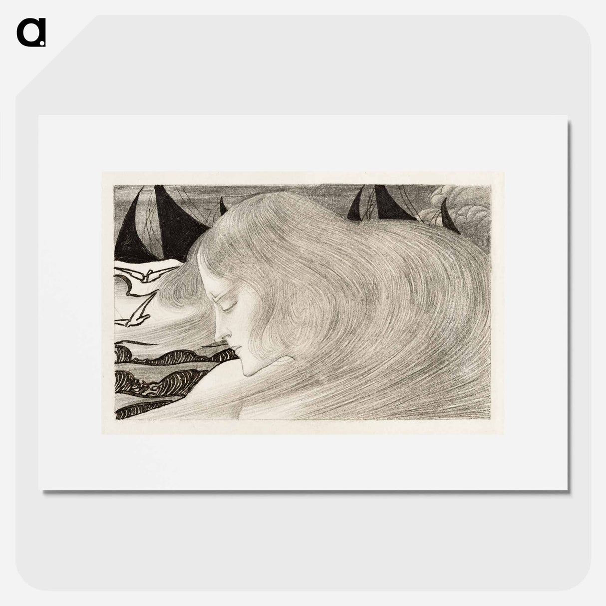 Young woman with wavy hair in front of a sea with ships by Jan Toorop - ヤン・トゥーロップ Poster.