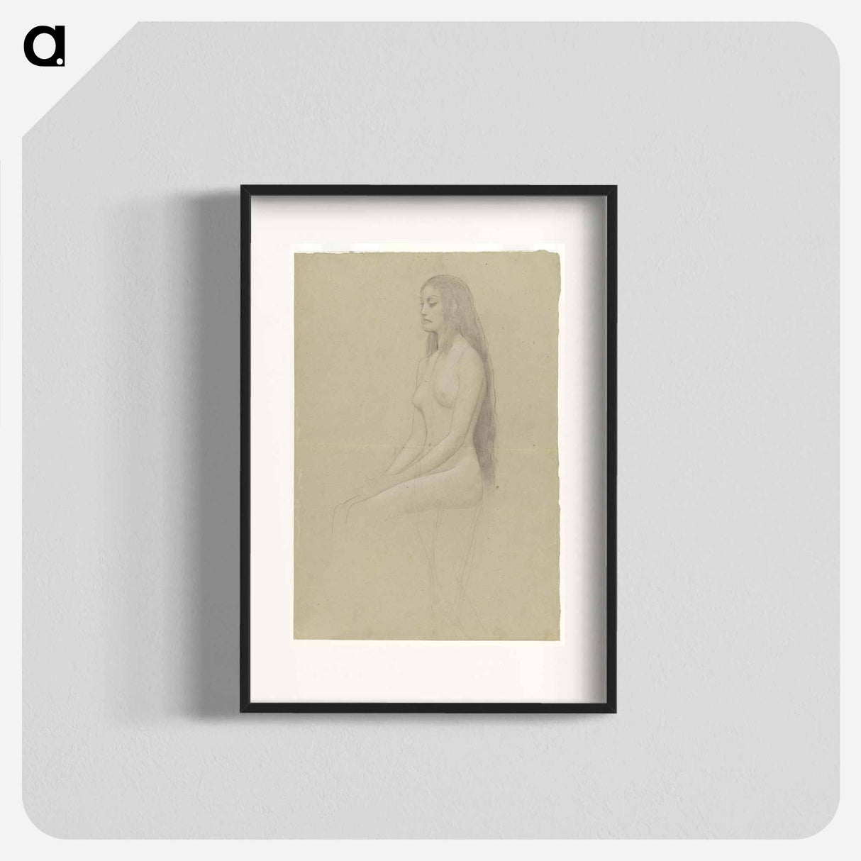 Seated female nude with long loose hair - グスタフ クリムト Poster.