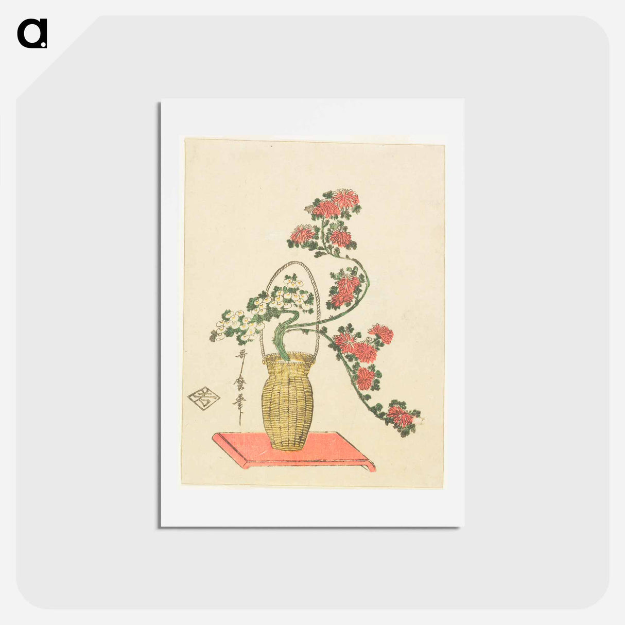 アートポストカード-Ikebana arrangement of Chrysanthemums, Bamboo in Basket - 喜多川 歌麿 Postcard.