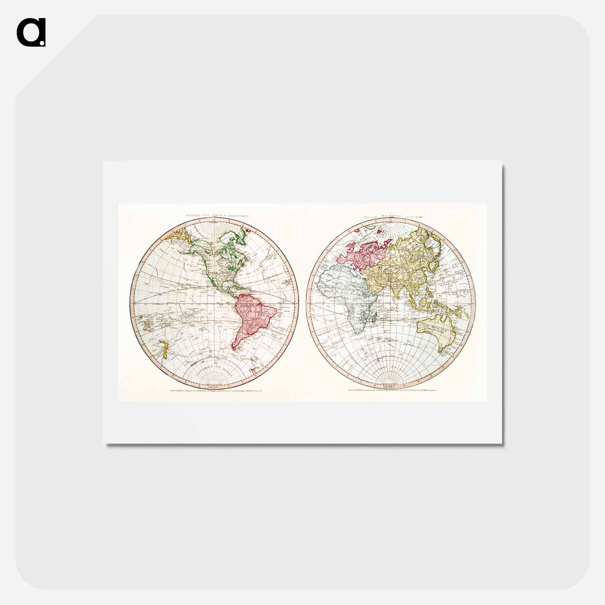 アートポストカード-New World, or, Western Hemisphere; Old World, or Eastern Hemisphere - アンティーク地図 Postcard.
