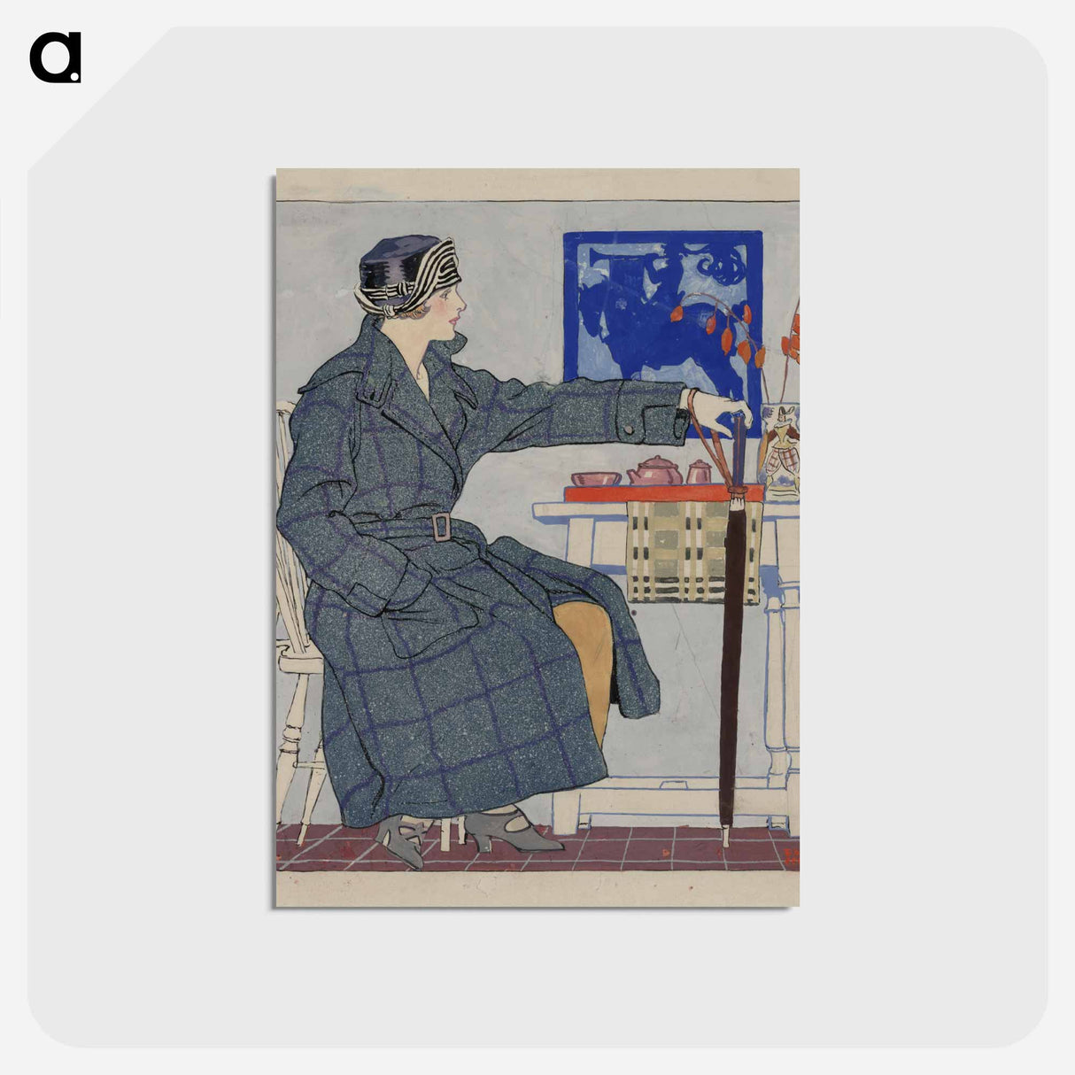 アートポストカード-Young woman sitting beside table holding umbrella by Edward Penfield - エドワード ペンフィールド Postcard.