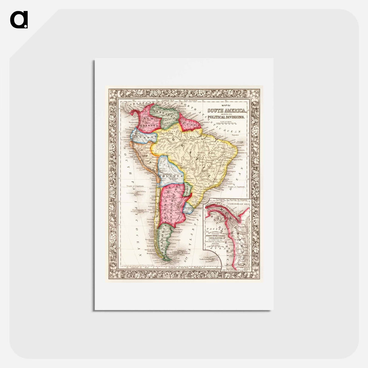 アートポストカード-Map of South America, showing its political divisions - アンティーク地図 Postcard.