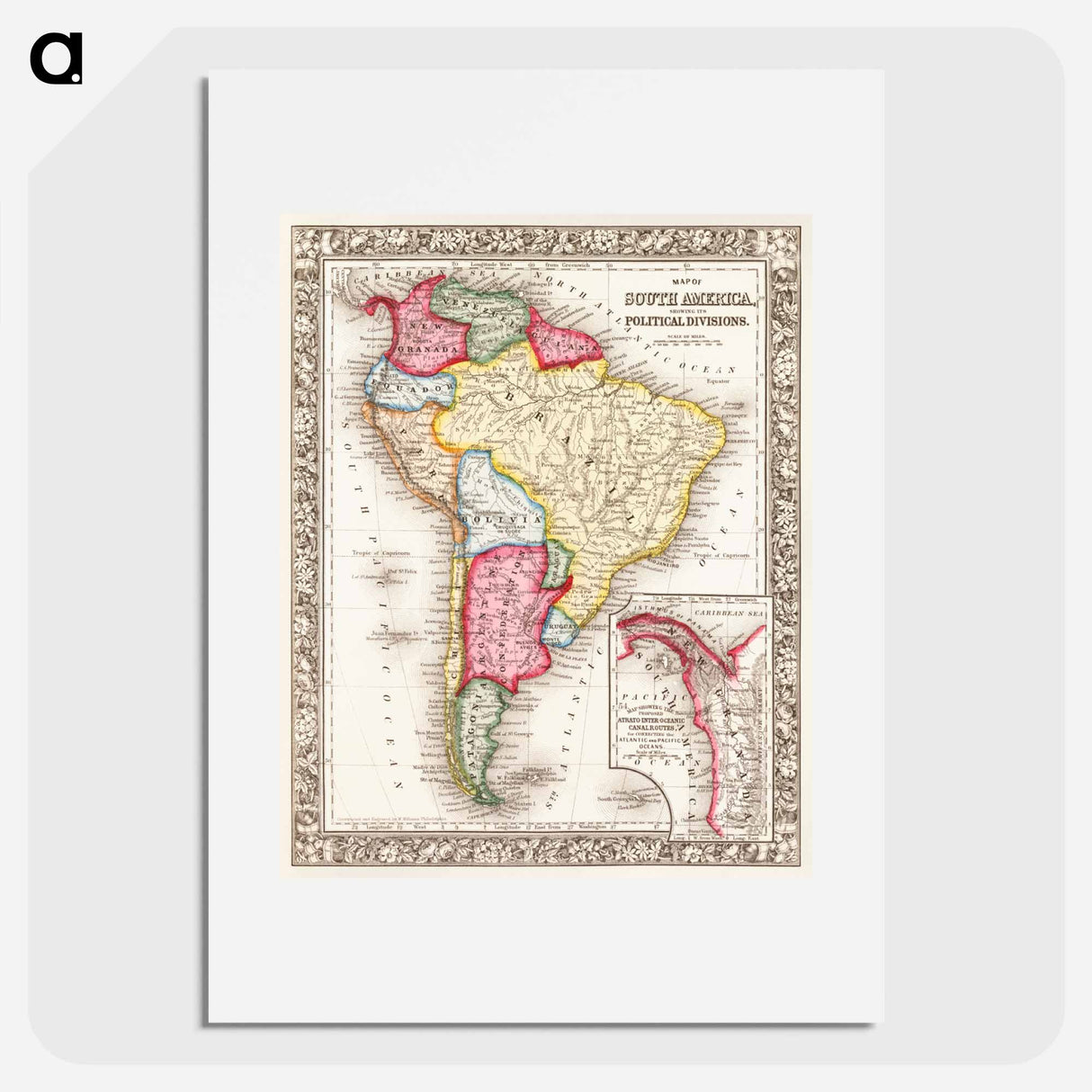 Map of South America, showing its political divisions - アンティーク地図 Poster.
