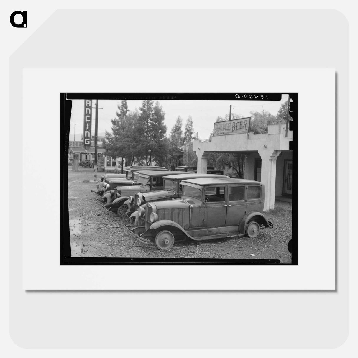 Roadside used car display on State Highway 17, in season when migrants come into the region for pea-picking. Santa Clara County, California - Dorothea Lange Poster.