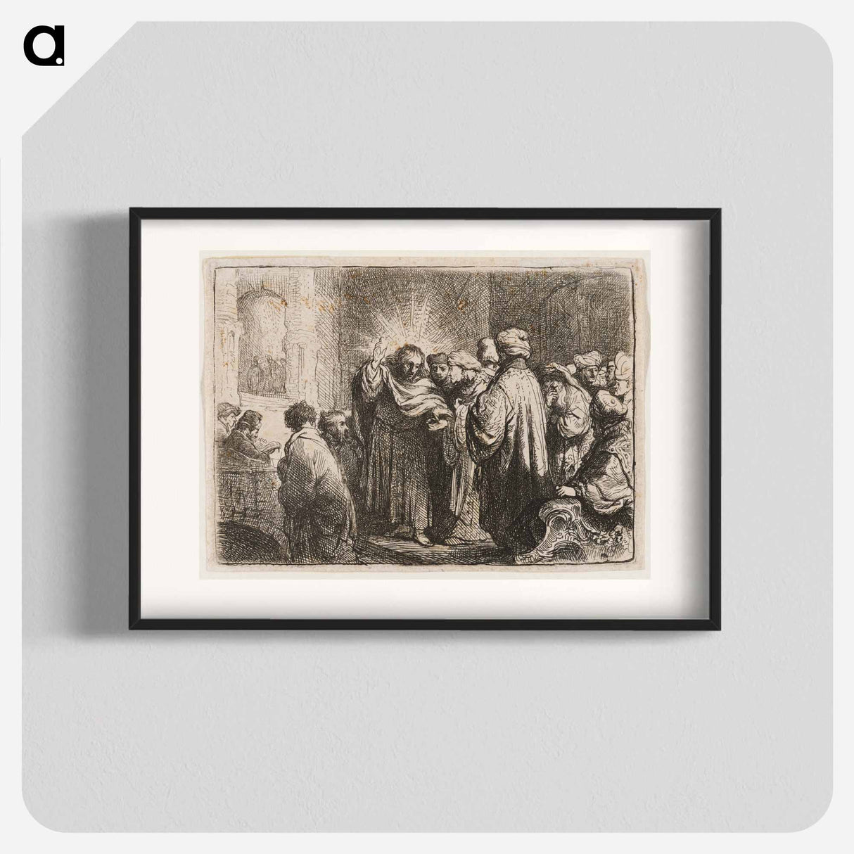 Rembrandt van Rijn's man at center with his PR hand up and a lighter coloring around his head - Rembrandt van Rijn Poster.