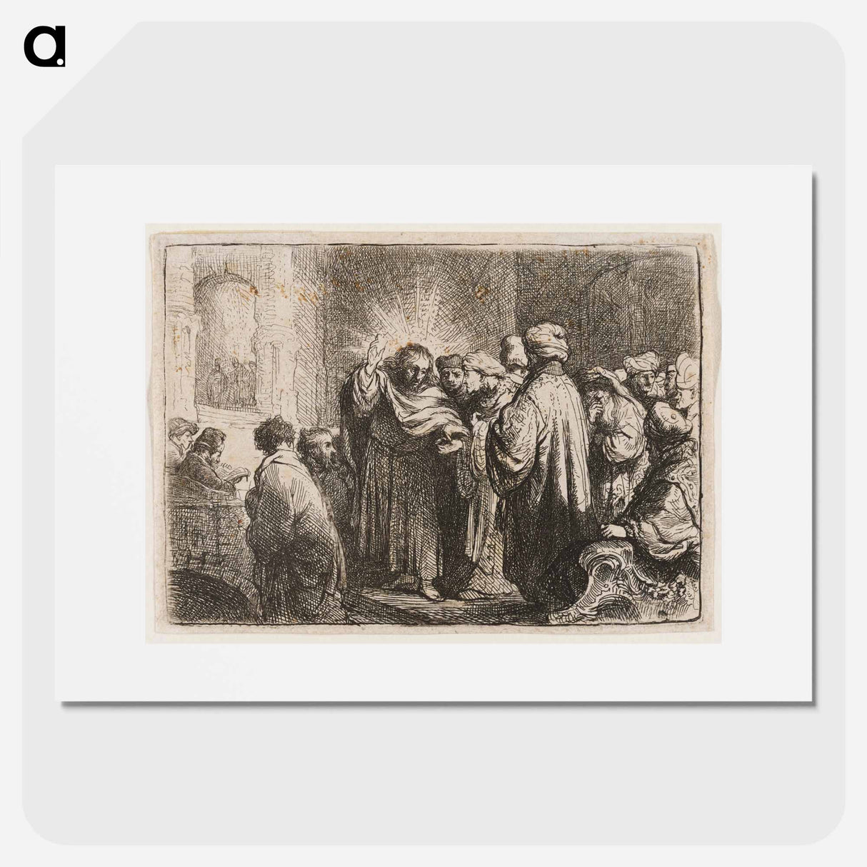 Rembrandt van Rijn's man at center with his PR hand up and a lighter coloring around his head - Rembrandt van Rijn Poster.