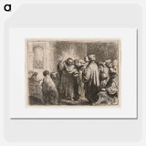 Rembrandt van Rijn's man at center with his PR hand up and a lighter coloring around his head - Rembrandt van Rijn Poster.
