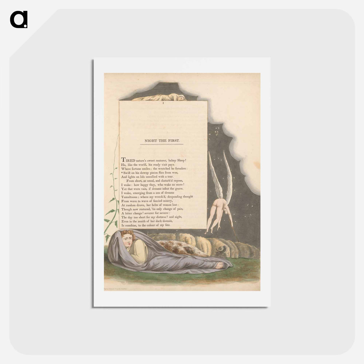 アートポストカード-Young's Night Thoughts, Page 1, "Swift on His Downy Pinion Flies from Woe" - ウィリアム ブレイク Postcard.