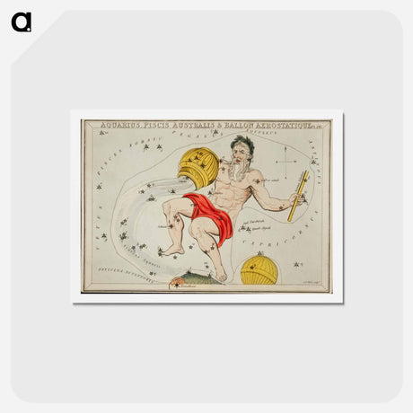 アートポストカード-Sidney Hall’s astronomical chart illustration of the zodiacs Aquaris, Piscis Australis and Ballon Aerostatique - アンティーク地図 Postcard.