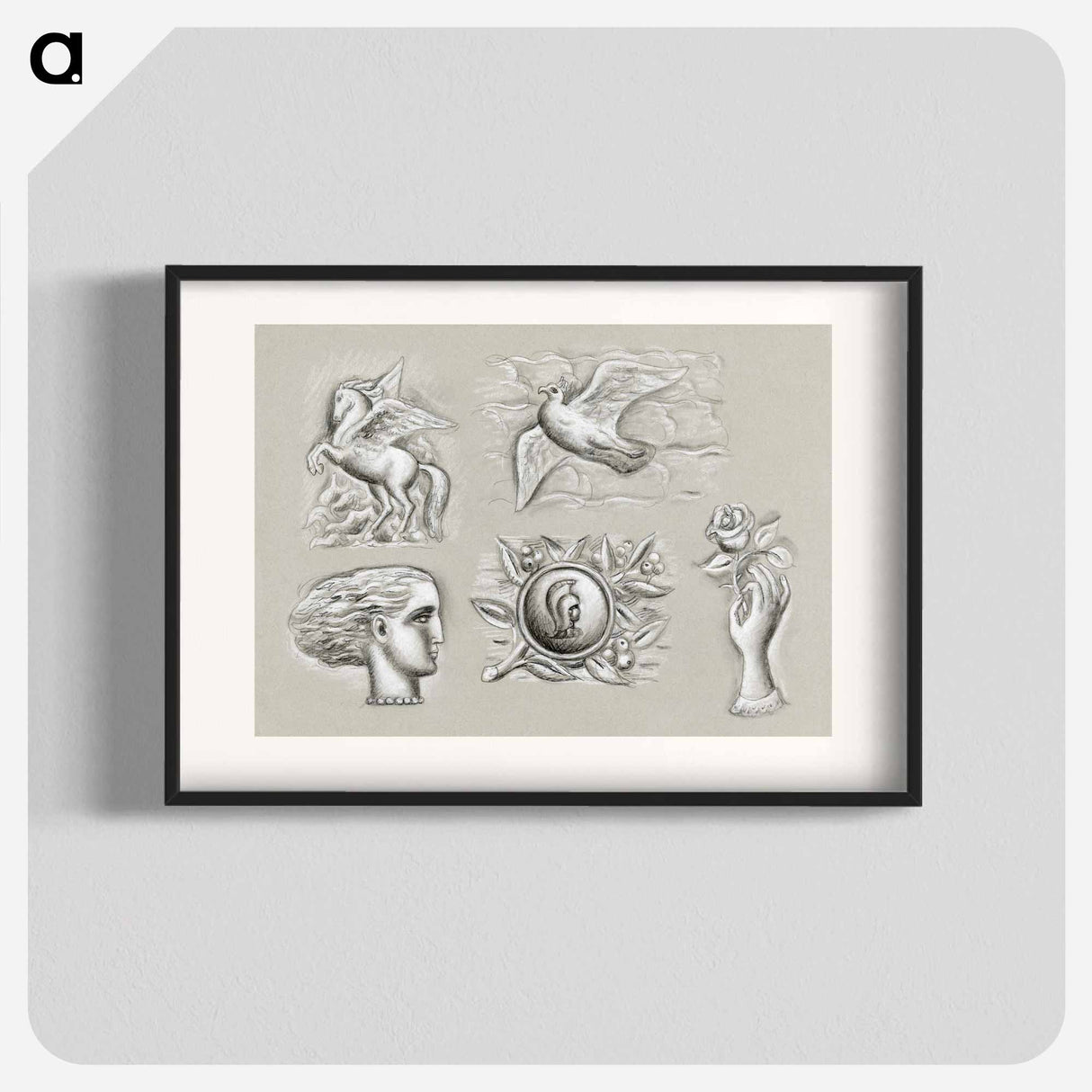 Pegasus, dove, woman's head, heraldry and hand with rose - レオ ゲステル Poster.