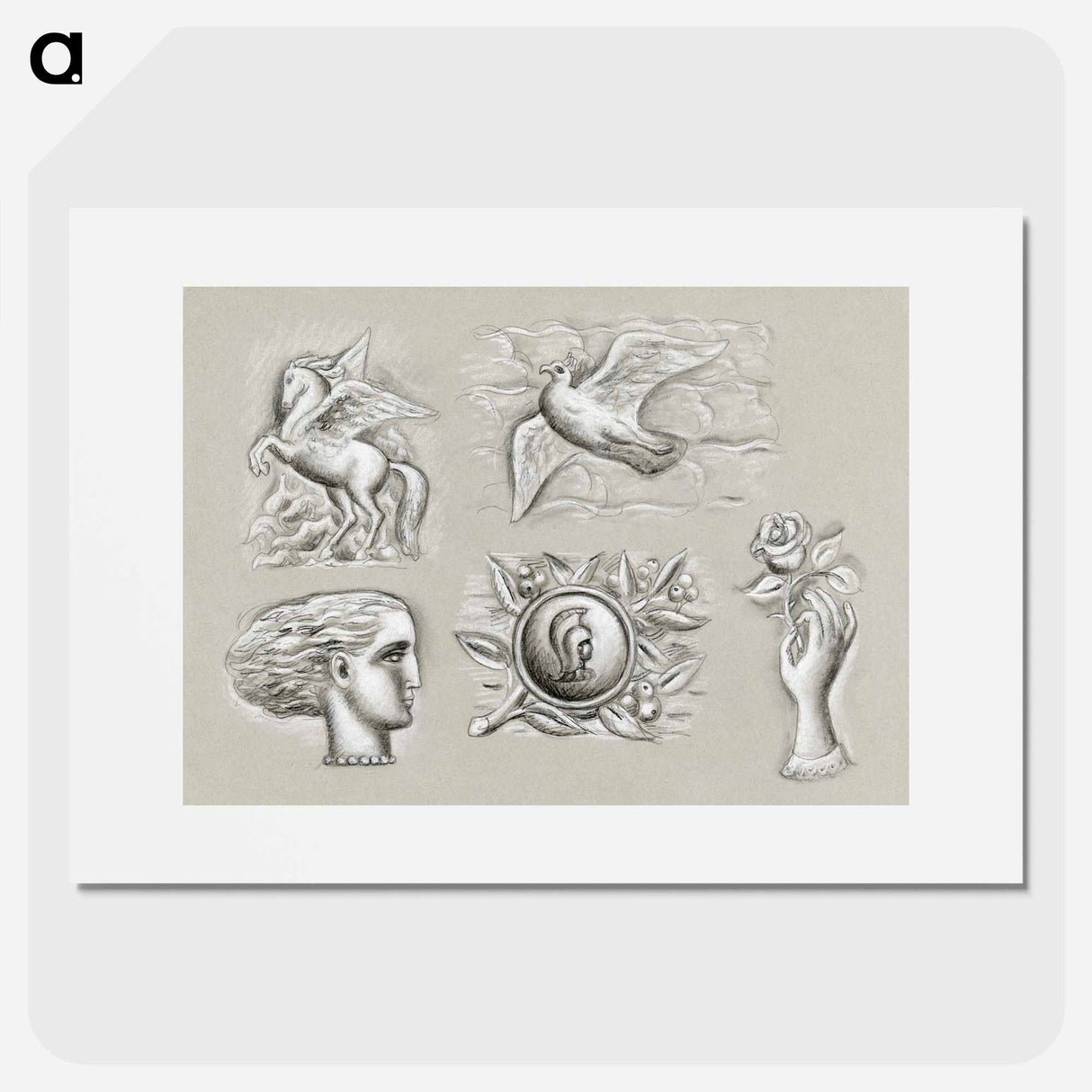 Pegasus, dove, woman's head, heraldry and hand with rose - Leo Gerstel Poster.