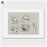 Pegasus, dove, woman's head, heraldry and hand with rose - Leo Gerstel Poster.