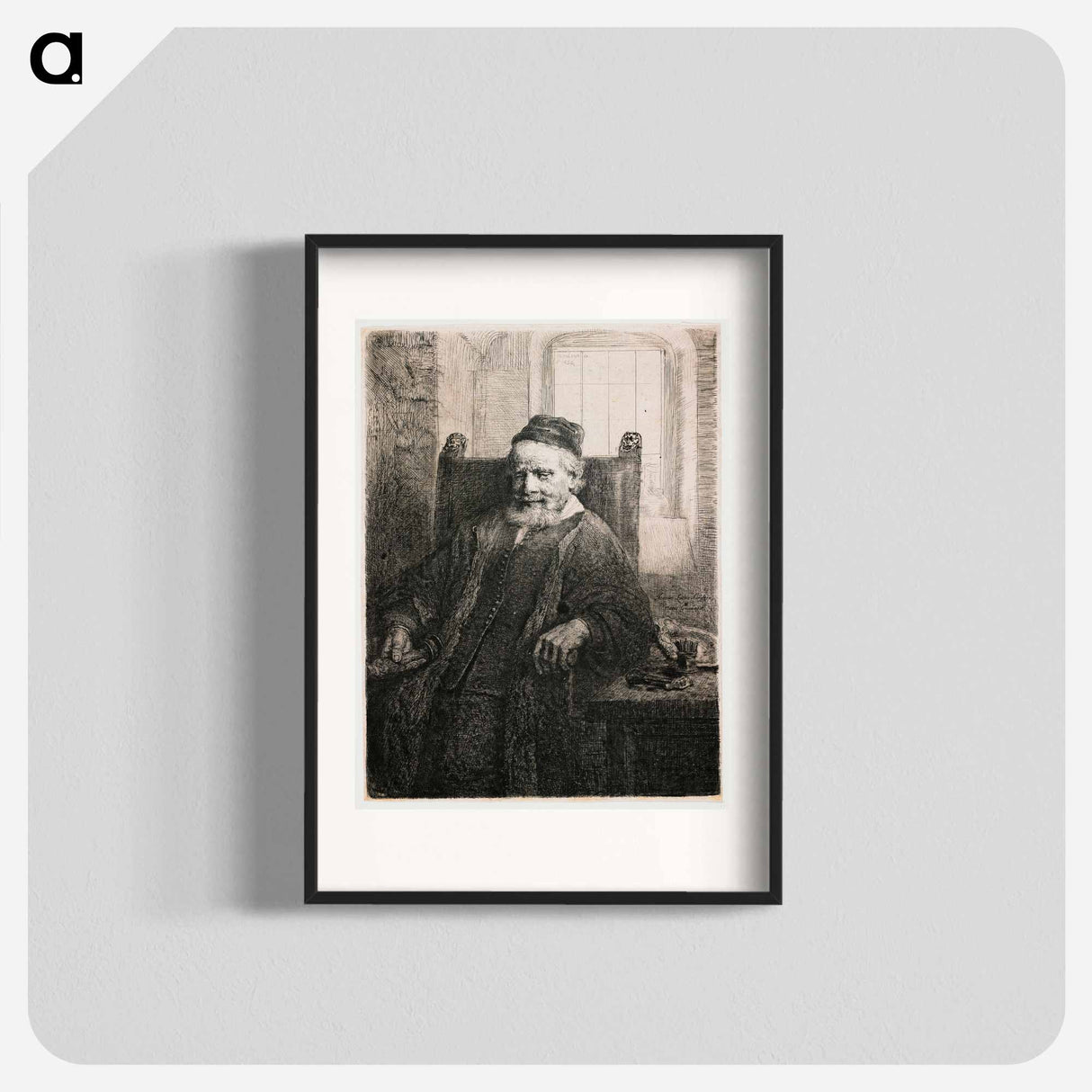 Rembrandt van Rijn's slightly longer than 3/4 portrait of a seated man with beard and moustache, wearing a cap, vest with many small buttons and a long cloak; man holds an object in his PR hand; table a - Rembrandt van Rijn Poster.