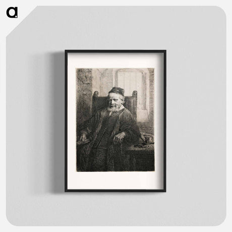 アートポスター-Rembrandt van Rijn's slightly longer than 3/4 portrait of a seated man with beard and moustache, wearing a cap, vest with many small buttons and long cloak; man holds an object in his PR hand; table a - レンブラント ファン レイン Poster.