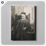 アートパネル-Rembrandt van Rijn's slightly longer than 3/4 portrait of a seated man with beard and moustache, wearing a cap, vest with many small buttons and long cloak; man holds an object in his PR hand; table a - レンブラント ファン レイン Canvas.