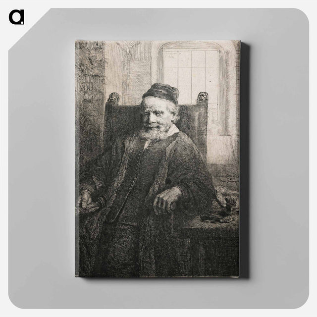 アートパネル-Rembrandt van Rijn's slightly longer than 3/4 portrait of a seated man with beard and moustache, wearing a cap, vest with many small buttons and long cloak; man holds an object in his PR hand; table a - レンブラント ファン レイン Canvas.