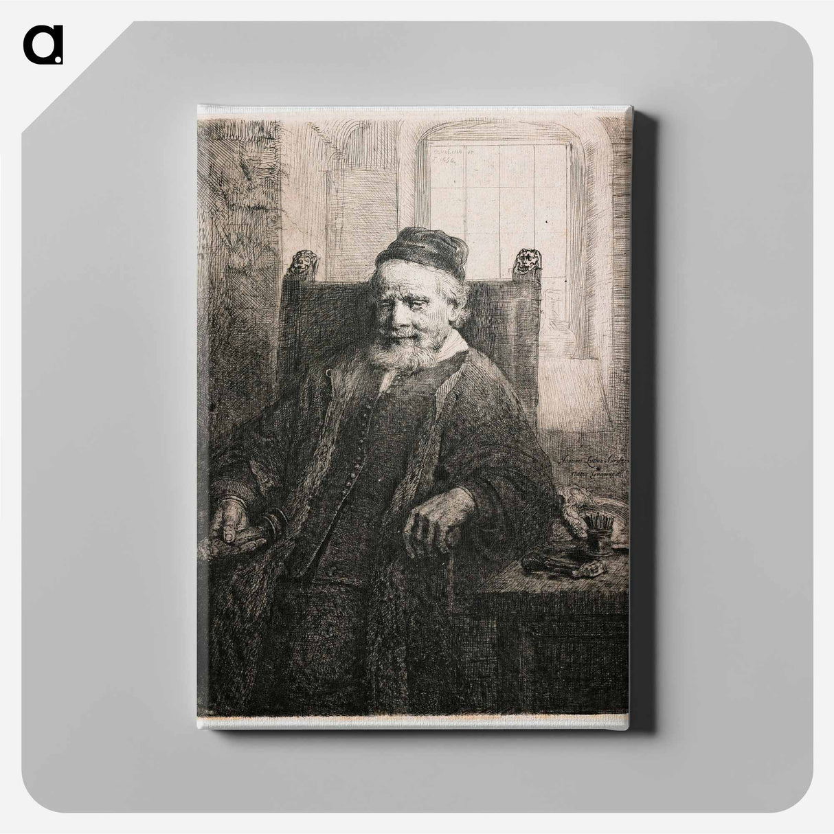 Rembrandt van Rijn's slightly longer than 3/4 portrait of a seated man with beard and moustache, wearing a cap, vest with many small buttons and a long cloak; man holds an object in his PR hand; table a - Rembrandt van Rijn Canvas.