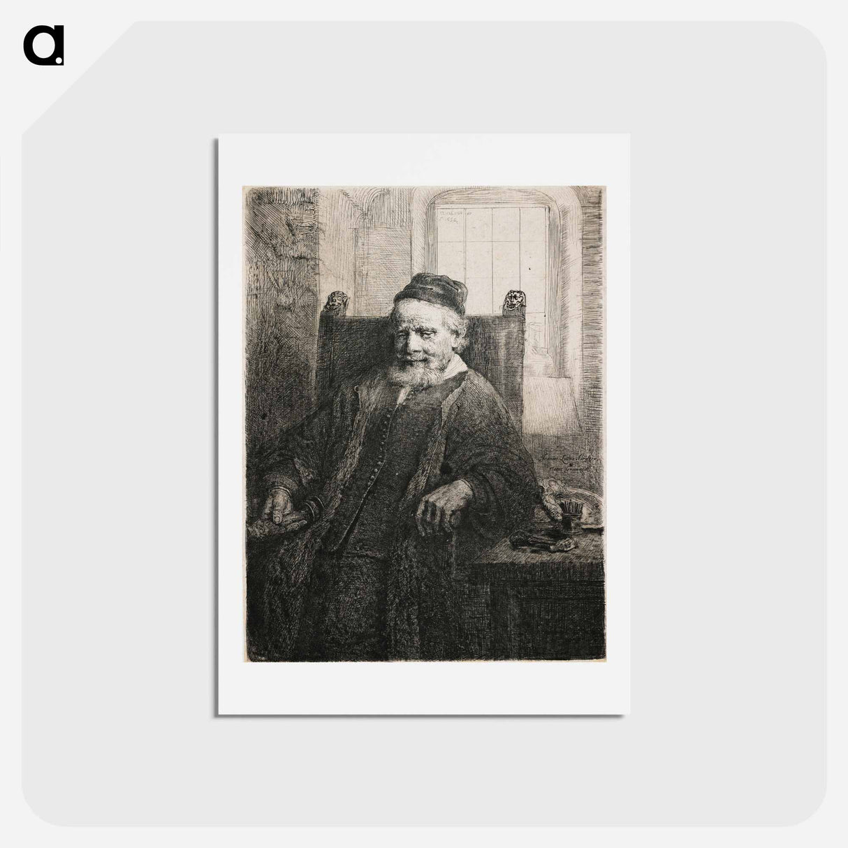 アートポストカード-Rembrandt van Rijn's slightly longer than 3/4 portrait of a seated man with beard and moustache, wearing a cap, vest with many small buttons and long cloak; man holds an object in his PR hand; table a - レンブラント ファン レイン Postcard.